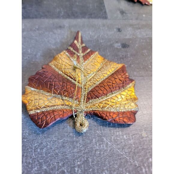 Striped Brown Leaf fall glitter ornament Xmas decor - Picture 2 of 3